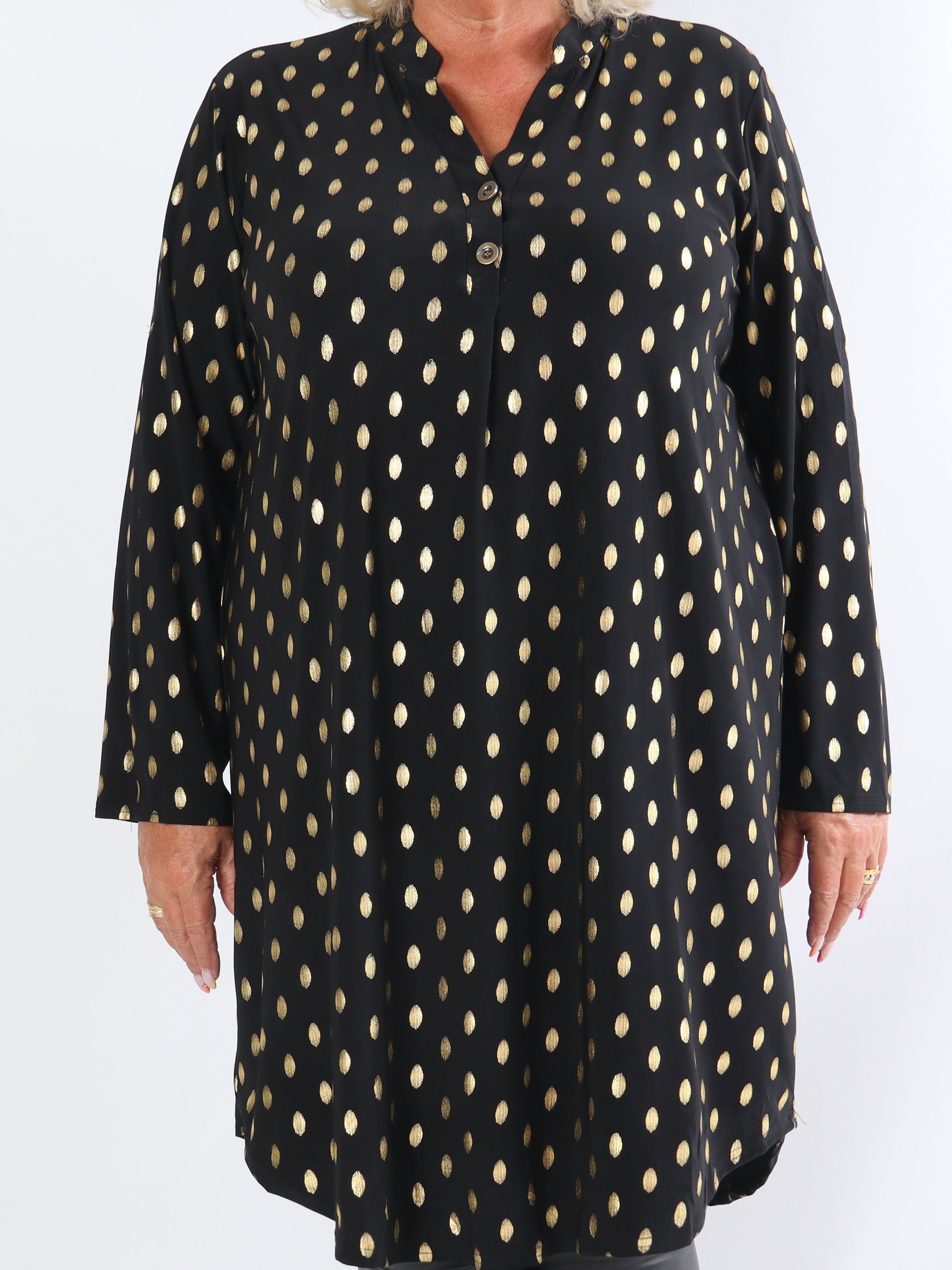 Ebba Gold Long - Elastisk plus size-klänning med guldprickar